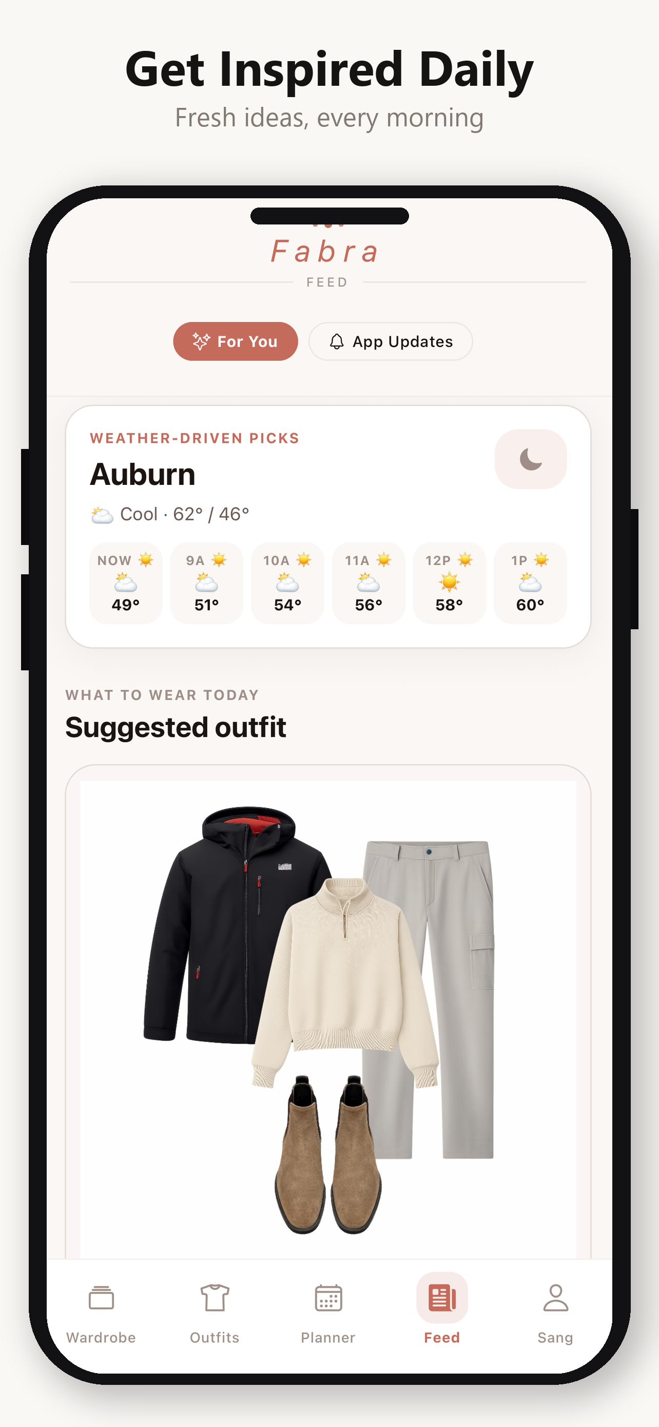 Daily feed screen with weather-driven outfit suggestions